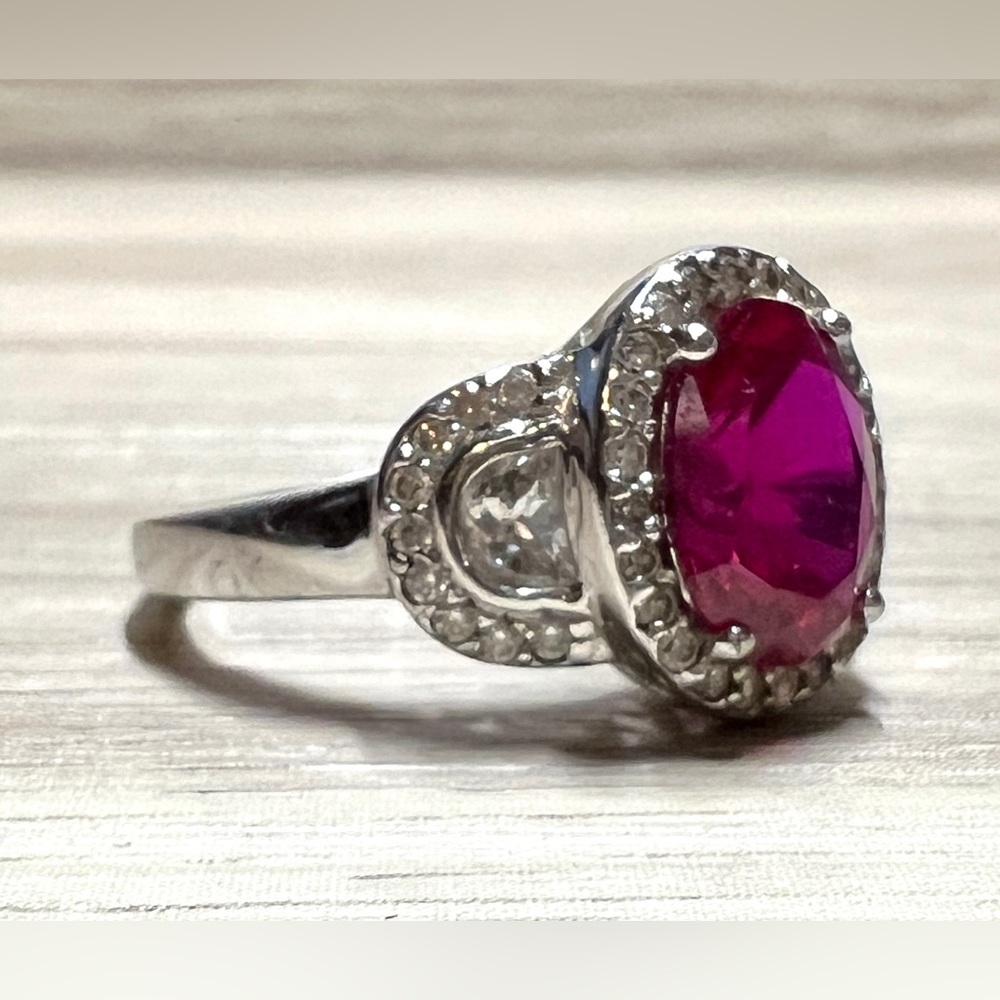 Designer Signed FE Sterling Silver Red & Clear Cubic Zirconia Halo Ring, Size 7 - Picture 5 of 11